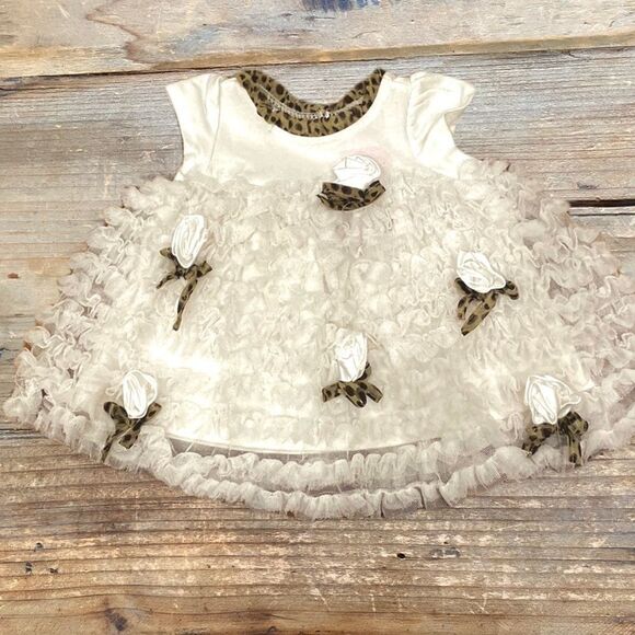 Nanette Baby Fancy Dress Off White Layered Ruffle Rose Bud Leopard Accent O-3 M - Picture 4 of 14